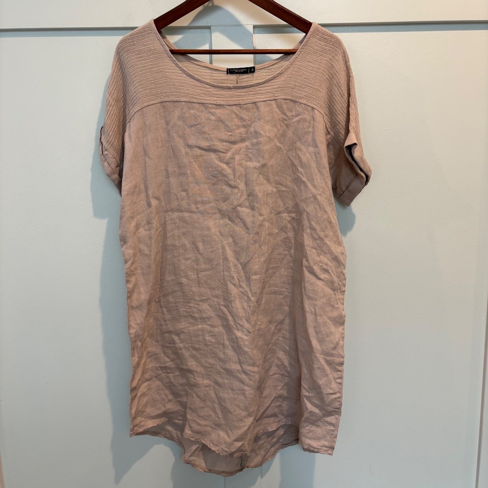 Lungo L'Arno Linen Dress Womens Medium Cream Tan Made in Italy High Low Hem